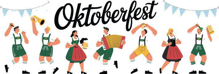 Oktoberfest illustration with people dancing, playing accordion, holding beer mugs, wearing traditional Bavarian costumes and festive decorations