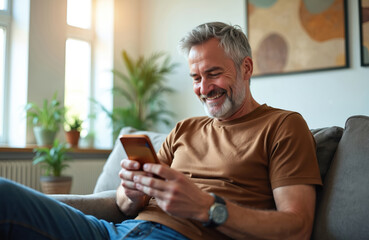 Happy middle aged man uses smartphone for online shopping at home. Adds credit card to mobile wallet, paying for purchases electronically. Modern lifestyle embraces convenient e-commerce, digital