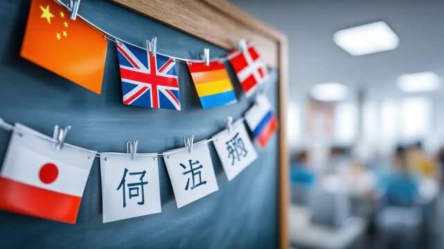 International Language Classroom: A collection of international flags and language characters hangs on a chalkboard in a blurred classroom.