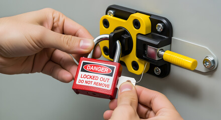 Lockout Tagout Process with Person Securing Red Danger Padlock with White Tag on Safety Mechanism for Workplace Safety