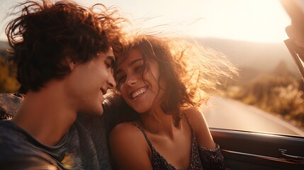 Romantic couple enjoying a vintage convertible ride with wind-blown hair during golden hour.