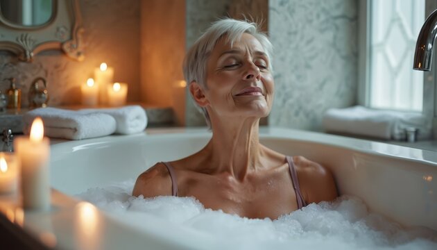 Senior woman enjoys relaxing bubble bath in luxurious bathroom with soft lighting. Practices self-care, tranquility. Contentment, personal wellness evident in serene expression. Face shows