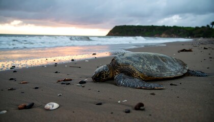 Turtle resting on beach at sunrise