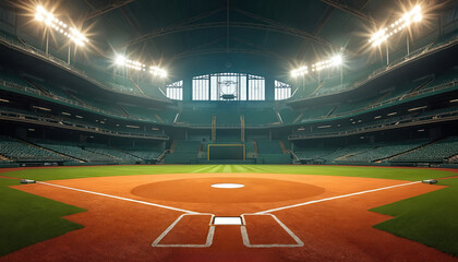Indoor baseball stadium illuminated by bright stadium lights. Features manicured grass infield, pitcher mound, batter box with concrete, brick architecture. Modern urban sports venue ready for