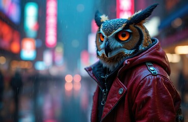 Cyberpunk owl character illustration. Features glowing orange eyes, red leather jacket in rainy neon city night. Futuristic avian creature, digital art style with metallic details.