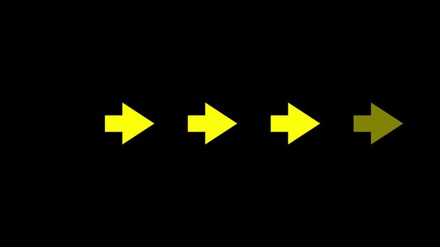Yellow arrow scrolling animation, movement of bright red angle shapes on reflective floor against black background alpha channel