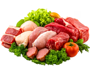 Assorted fresh meats arranged neatly with green garnish on transparent background