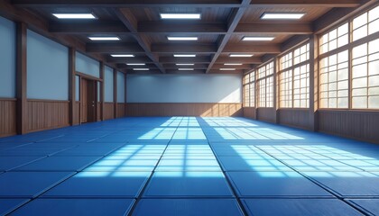Bright empty dojo interior with blue matting and wooden beams. Sunlight streams through large windows, casting patterned shadows on floor, creating peaceful zen atmosphere for martial arts training.