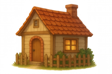 Cozy cottage glowing warmly, wooden fence enclosing rustic dwelling, soft light illuminating transparent scene