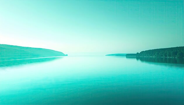 Serene Teal Water Landscape with Distant Shores