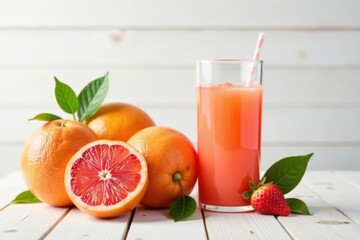 Juicy grapefruits & refreshing juice White wood background , antioxidants, color