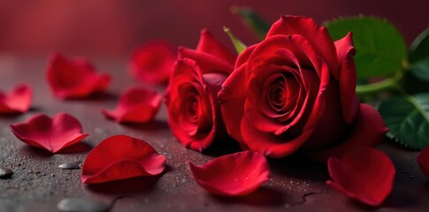 Luxurious crimson roses, scattered petals, rich red tones , decor, anniversary