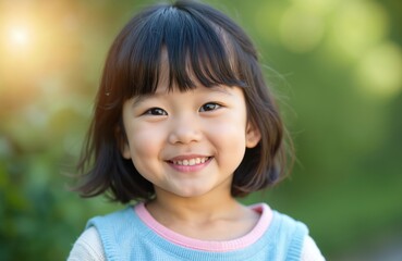 Headshot portrait of cheerful baby Asian girl, toddler with adorable bangs hair wearing blue sweater. Child smiles looking at camera with happy joy and innocence.