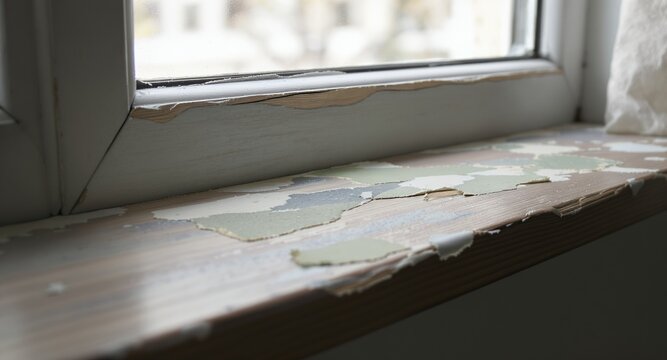 Damaged window sill, peeling paint, home repair, renovation, before and after, DIY project, interior detail, weathered wood, damaged surface, close up, textured surface, paint chips, wood texture