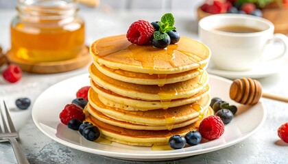 Stack of pancakes topped with berries and honey