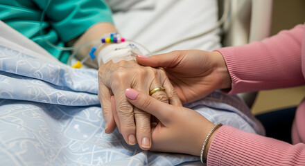 Fototapeta premium Woman Comforting Elderly Patient with Intravenous Drip in Hospital Room Setting