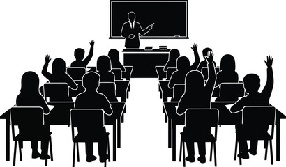 Diverse students raising hands in classroom learning engagement education concept silhouette vector