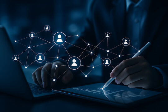 Social media network and online communication concept with businessman using tablet stylus and digital people connection