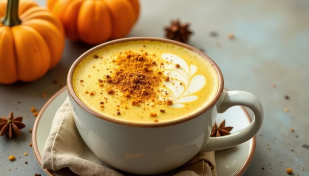 Pumpkin turmeric latte with spices Vegan, ayurvedic wellness drink , wellness, healthy lifestyle