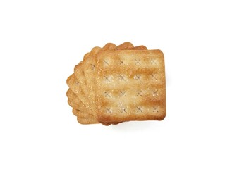 Pile of square sweet cracker biscuits isolated on white background. Flat lay 