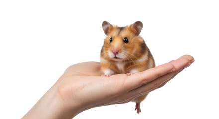 Adorable golden Syrian hamster pet sitting calmly on an open human palm, isolated on white.