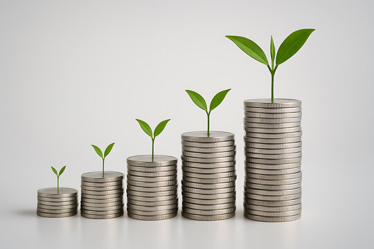 Stacks of silver coins with financial stock market candlestick chart background symbolizing investment and economy growth