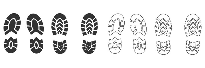 Human bare walk footprints shoes and shoe sole Kids feet vector set. footsteps icon or sign for print, trail Walking footstep and footprint follow route