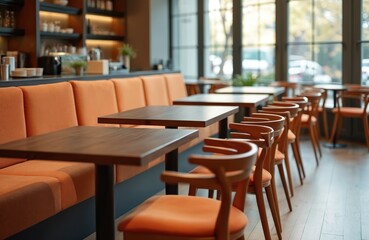 Modern cafe interior features orange booth seating and dark wood tables. Chairs line dining area. Large windows offer view of street outside, creating relaxed atmosphere for lunch or coffee breaks.