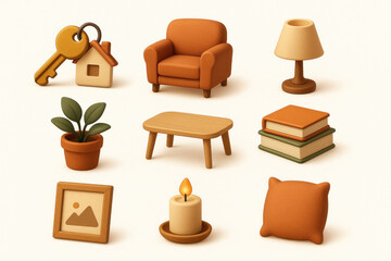 Cozy Home Interior Icons: Armchair, Lamp, Books, Candle, Key