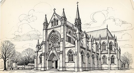 Fototapeta premium Architectural Drawing of a Gothic Cathedral with Intricate Details.