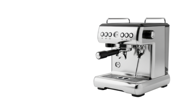 Isolated Professional Polished Chrome Espresso Machine Product Shot on White Background