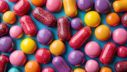 Vibrant assortment of assorted candies in various shapes, sizes, featuring rainbow of colors including pink, yellow, orange, purple. Playful collection of sugary treats offers delightful visual