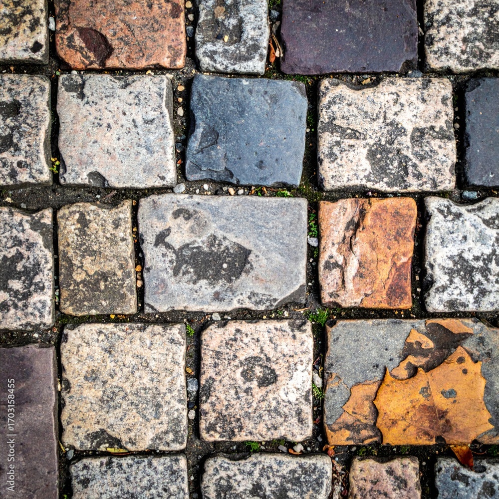 Poster close up of multicolor cobblestone pavement texture with geometric pattern for background