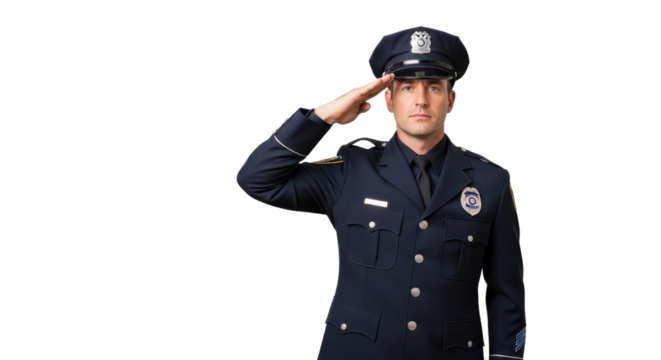 Police officer in uniform giving a salute isolated PNG with Transparent Background - Powered by Adobe