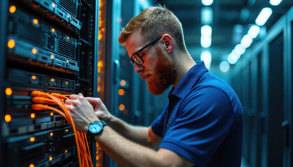 Technician with ginger beard, glasses works with networking equipment in server room. Man installs orange ethernet cables into server racks. Focus on technology, data infrastructure, support services.