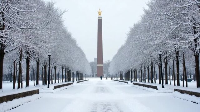 Freedom Monument in Riga with Snow Covered Paths and Trees
