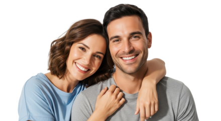 Happy smiling couple embracing shoulder to shoulder against white background