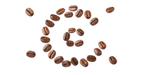 Obraz premium Elegant Swirl of Roasted Coffee Beans in Mid-Air on Transparent Background Floating Curved Cascade of Coffee Beans for Coffee-Themed Designs