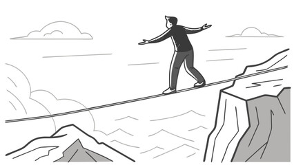 A Person Balancing on a Tightrope Over a Mountainous Landscape