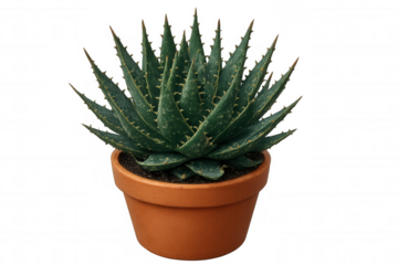 Potted aloe aristata haworthia displaying pointed succulent leaves spreading from compact terracotta container against clean white backdrop