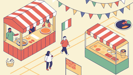 Isometric Illustration of a Lively Food Market with Colorful Stalls and People