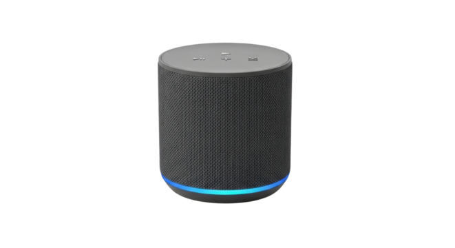 Isolated Black Smart Speaker Audio Device with Glowing Blue Light Ring on White Background