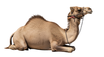 Dromedary Camel sitting down isolated on clean white background