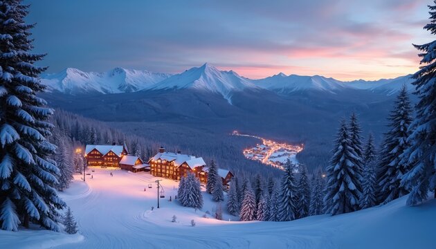 Expansive winter panorama ski resorts nestled in snow-covered mountains, pine forests. Lit buildings glow warmly, with ski lifts, tracks visible on groomed slopes under twilight sky. Mountain peaks
