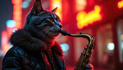 Grey cat plays saxophone in vibrant city nightlife. Urban street with red neon lights, bokeh creates atmosphere. Cat wears stylish leather jacket with fur collar. Music performance, jazz, cool urban