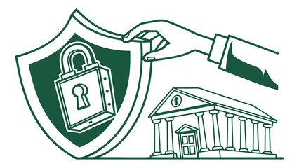 Stylized Security Shield with Padlock Hand and Bank Building Illustration
