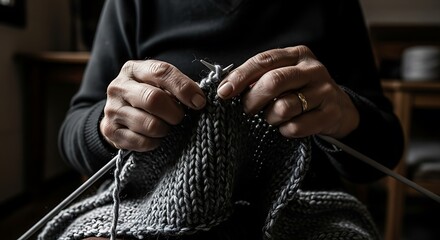Focused hands crafting a textured knitted piece with knitting needles