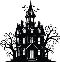 Obraz premium Spooky haunted mansion silhouette with bare trees and bats at night vector art vector