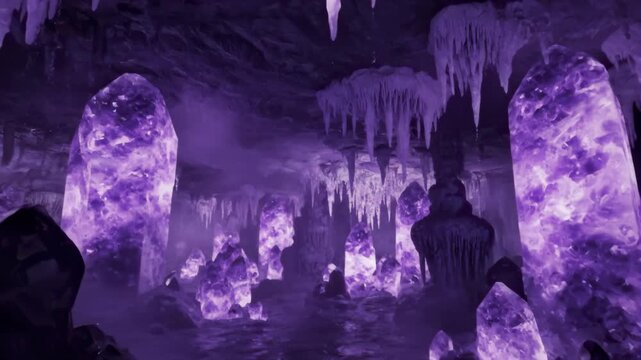 Subterranean crystal cave with pulsing amethyst pillars