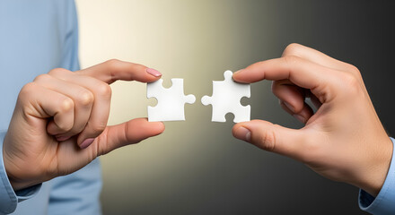 Pair of Hands Holding Two White Puzzle Pieces Against a Gradient Background